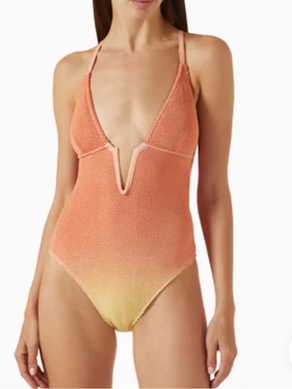 Good American One-Piece Ombre Coral to Yellow V-Plunge Swimsuit! New! S/M